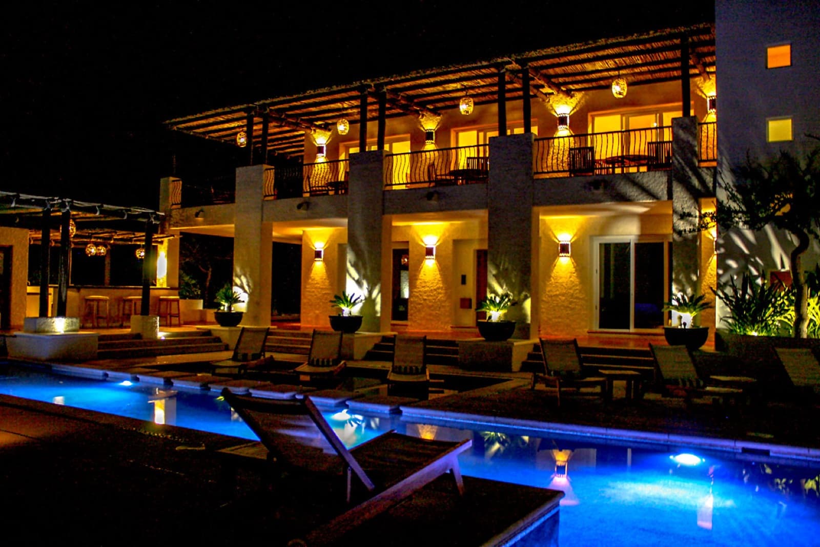 Pool deck illuminated at night