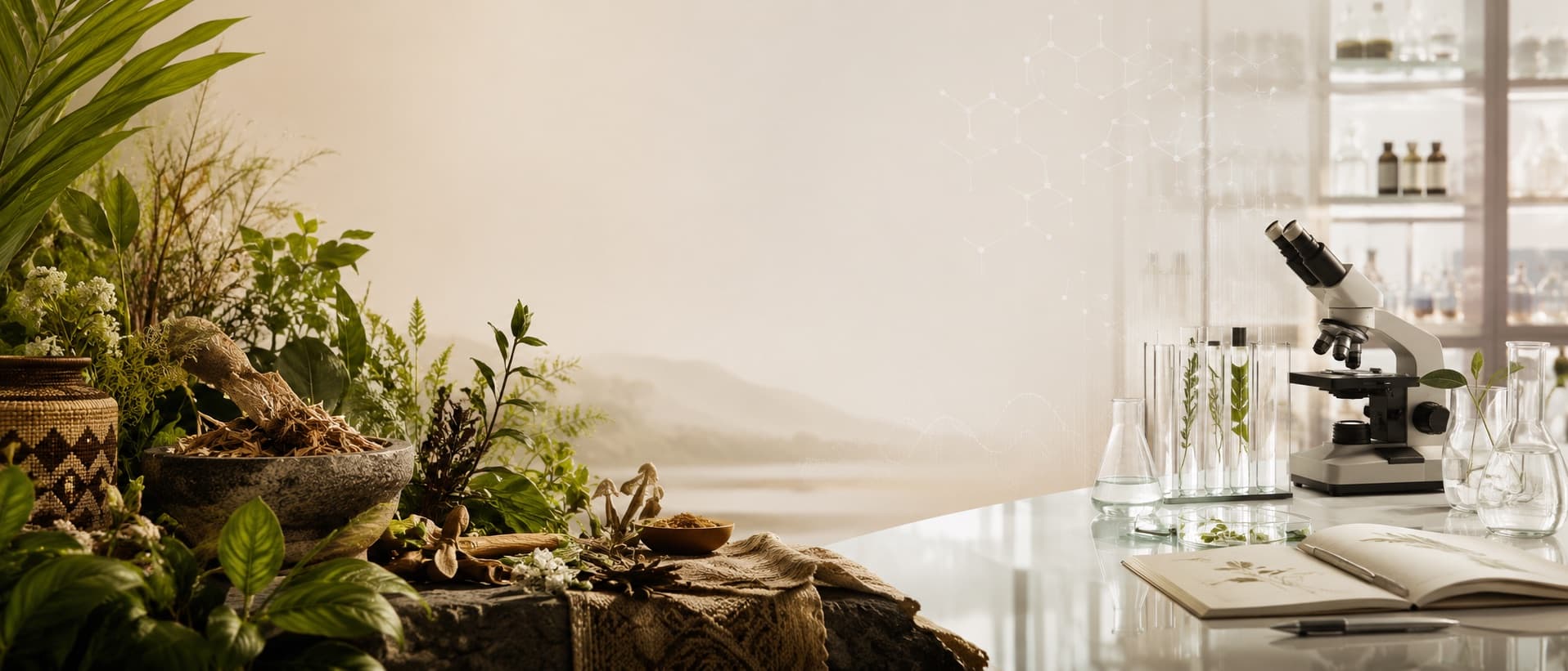 Botanicals and a mortar beside laboratory glassware and a microscope