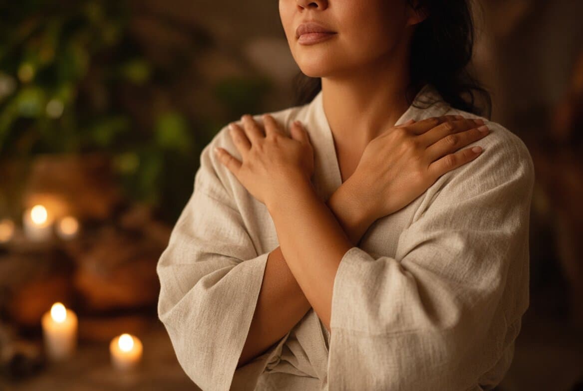 A woman in a linen robe holds her crossed arms to her shoulders, candles glowing behind her